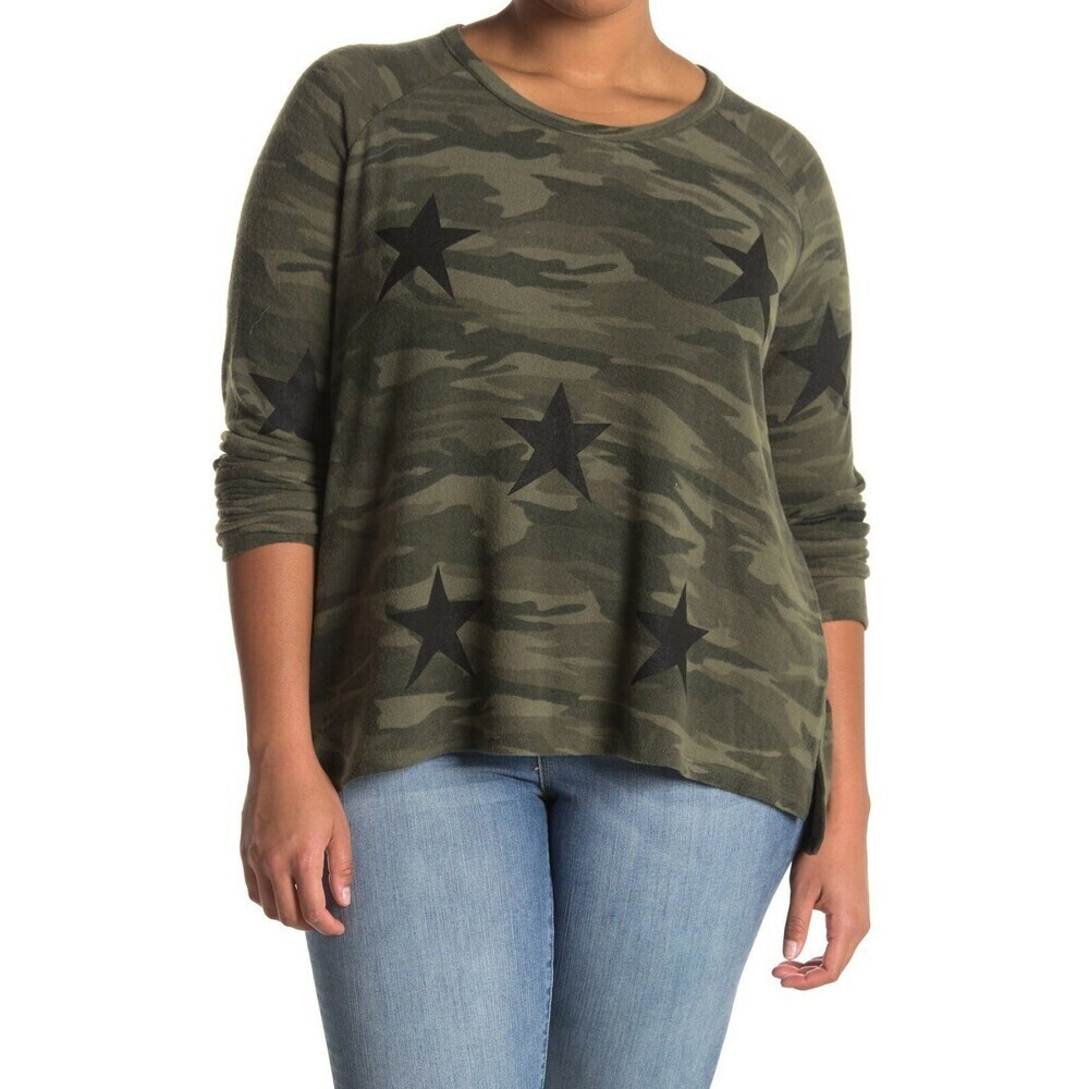 Sweet Romeo Long Sleeve Sweater In Green Camo Multi Star Print Plus Size 1X